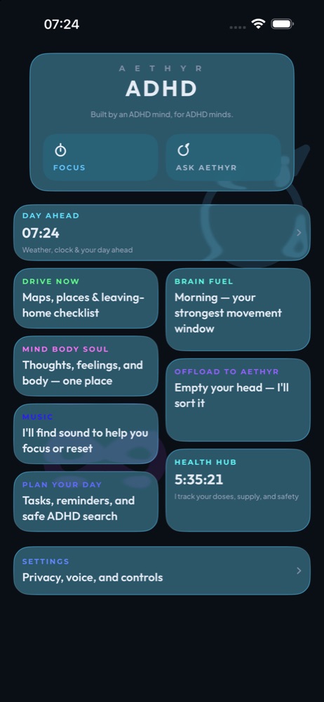 Aethyr ADHD home on iPhone, with the Music card