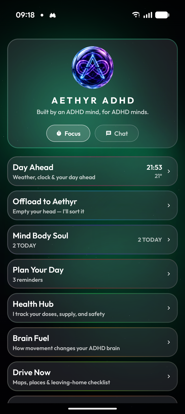 Aethyr ADHD home screen on Android